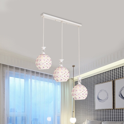 Simple Globe Cluster Pendant Lamp Crystal-Encrusted 3-Bulb Dining Room Ceiling Light in White