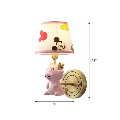 Smiling Dragon Resin Wall Sconce Cartoon 1 Head Pink Wall Mounted Light with Tapered Fabric Shade
