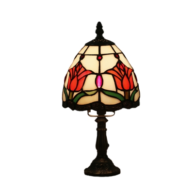 Stained Glass Tapered Night Lighting Victorian 1-Head Red/Pink/Orange Table Light with Flower Pattern