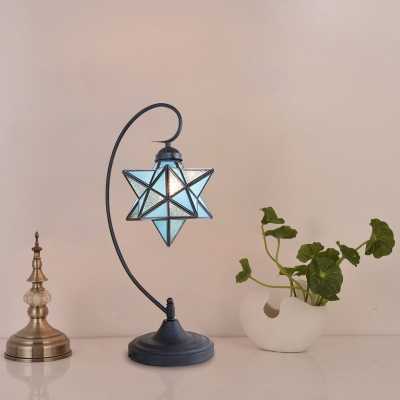 Star Night Table Lighting Tiffany Pink/Yellow/Light Blue Glass 1 Light Black Nightstand Lamp with Swirl Arm