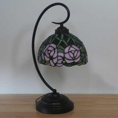 Tiffany Swooping Arm Night Light 1-Bulb Metallic Rose Patterned Table Lighting in Black/White with Dome Shade
