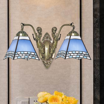 Trapezoidal Blue Glass Sconce Light Mission 2 Heads Bronze Wall Mounted Lamp with Mermaid Decoration