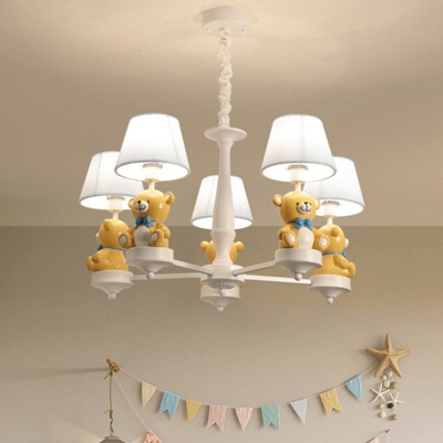 White Conical Chandelier Lighting Cartoon 3/5-Head Fabric Suspension Light with Bear Decor