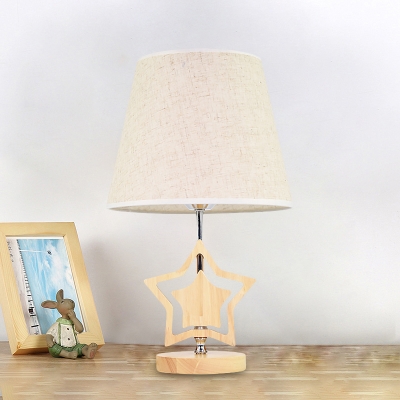 Wood Dual Star Table Light Nordic Single Night Stand Lamp with Conic Fabric Shade