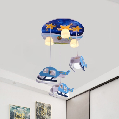Wood House/Helicopter/Rabbit Flushmount Kids 6 Lights White/Blue/Green Ceiling Mount Light Fixture for Nursery