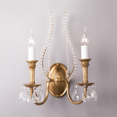 1/2-Bulb Candle Wall Sconce Traditional Gold Metal Wall Mount Light with Crystal Accent