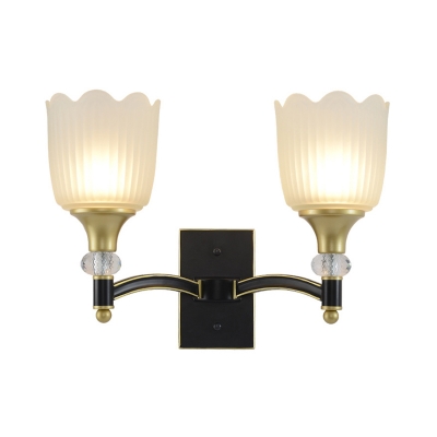 1/2-Bulb Wall Lighting Ideas Rustic Flower White Ribbed Glass Wall Light Sconce in Black
