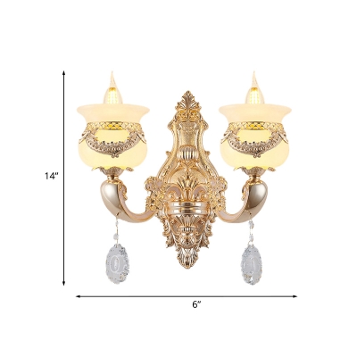 1/2-Head Matte Glass Wall Lighting Retro Rose Gold Urn Living Room Sconce with Crystal Droplet