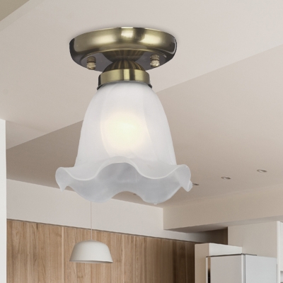 1-Bulb Cream Glass Flush Mount Light Traditional Bronze/Copper/Brass Finish Flower Dining Room Ceiling Lighting