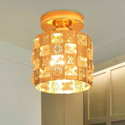 1 Bulb Cylinder Cutouts Mini Flush Light Modern Gold Crystal Encrusted Ceiling Mounted Lamp