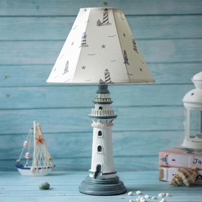 1 Bulb Faceted Bell Shade Table Lamp Coastal White Tower/Boat Pattern/Striped Fabric Night Light with Lighthouse Base