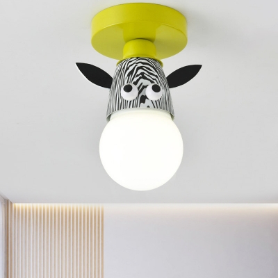 1 Bulb Foyer Mini Semi Flush Light Kids Yellow Ceiling Light with Cow/Giraffe/Tiger Metal Shade