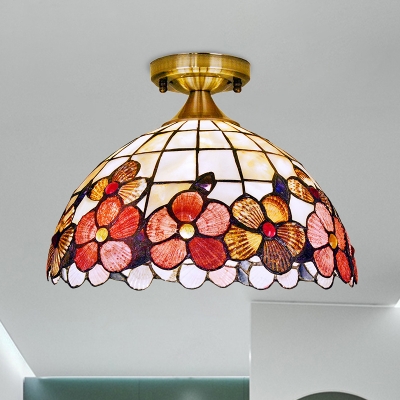 1-Bulb Kitchen Bar Flush Mount Tiffany Brass Ceiling Mount Light with Peony-Border Shell Shade