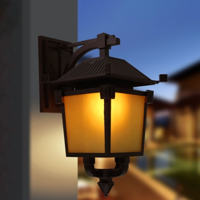 1-Bulb Lantern Surface Wall Sconce Cottage Style Coffee Finish Yellow Glass Wall Light