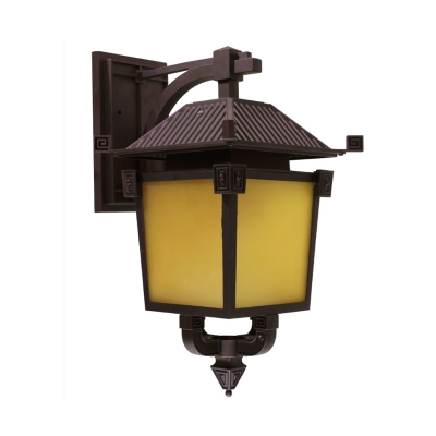 1-Bulb Lantern Surface Wall Sconce Cottage Style Coffee Finish Yellow Glass Wall Light
