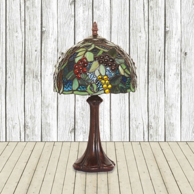 1 Head Bedroom Nightstand Lamp Victorian Coffee Fruit Patterned Table Light with Domed Stained Glass Shade in Coffee