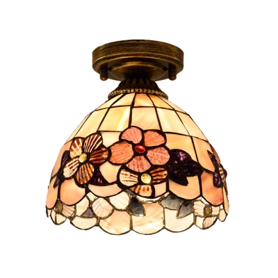 1-Light Flush Mount Lamp Tiffany Style Pink/Orange/Beige Glass Camellia/Peony/Flower Ceiling Light for Corridor