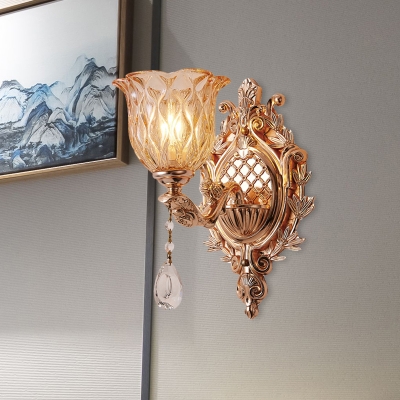 1-Light Wall Mount Lamp with Flower Shade Umber Crystal Glass Traditional Living Room Wall Lighting in Gold