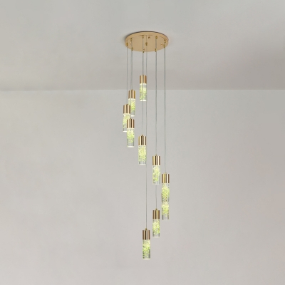 10-Bulb Tube Multi Light Pendant Simple Gold Crystal LED Suspension Lighting with Flower Decor for Stair