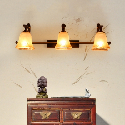 2/3-Head Vanity Lighting Fixture Country Paneled Bell Amber Glass Wall Sconce in White with Curved Arm