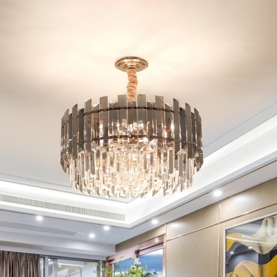 2-Layer Smoke Grey Strip Crystal Pendant Modernist 9-Bulb Dining Hall Ceiling Chandelier