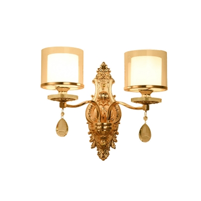 2-Light Wall Sconce Vintage Double Cup Shade Clear and Opal Glass Wall Light Fixture in Gold