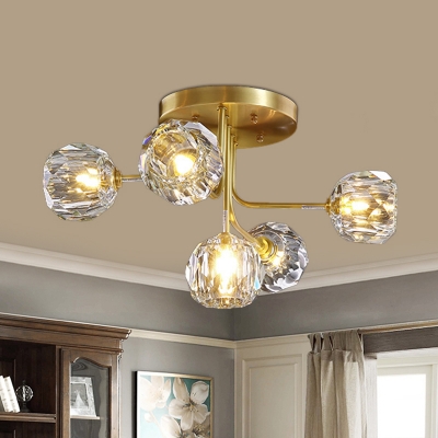 3/5-Light Crystal Block Ceiling Lamp Contemporary Gold Starburst Bedroom Semi Flush Mount