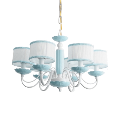 3/6 Heads Bedroom Hanging Lamp Macaron Pink/Blue Finish Ceiling Chandelier with Drum Fabric Shade