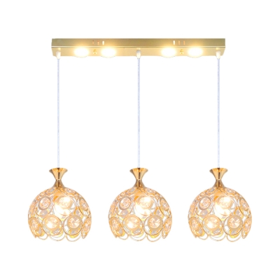 3-Head Dining Room Cluster Pendant Light Contemporary Gold with Dome Crystal Encrusted Shade