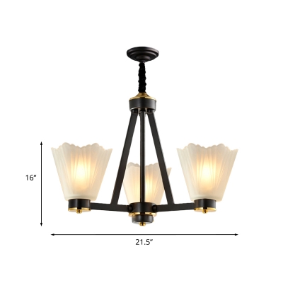 3-Light Frosted Texture Glass Chandelier Country Black Conic Dining Room Hanging Lamp Kit with Wavy Design
