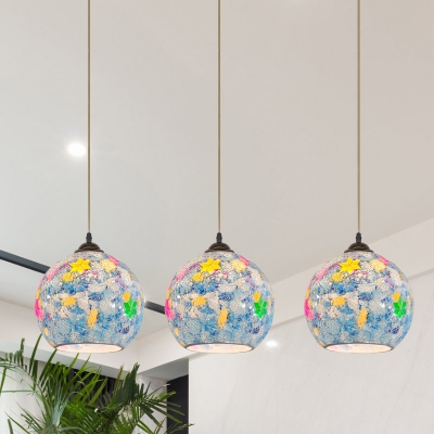 3-Light Globe Multi-Light Pendant Mediterranean Light Blue Stained Glass Drop Lamp with Linear Canopy