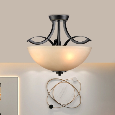 3 Lights Amber Glass Semi Flush Mount Countryside White Dome Shade Bedroom Ceiling Lamp with Twisted Arm