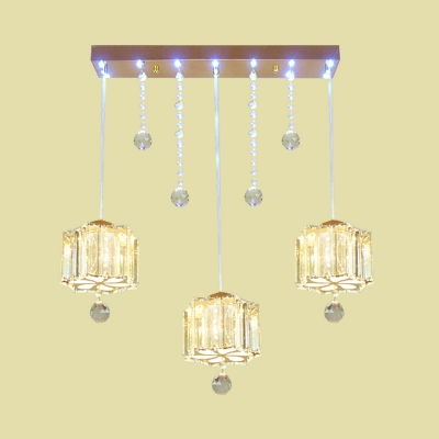 3 Lights Hanging Lamp Modern Flower Shaped Crystal Multi Light Pendant with Strand and Orb Finial in Gold