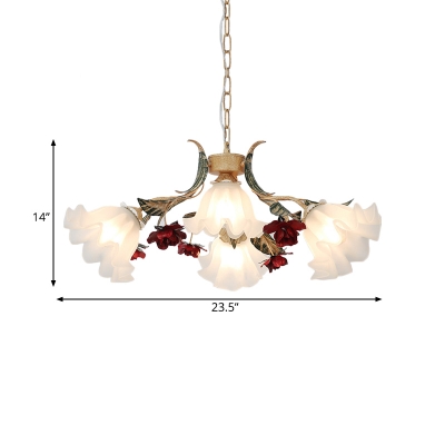4/6 Heads Hanging Chandelier Korean Flower Pendant with Scalloped Opal Glass Shade in Red