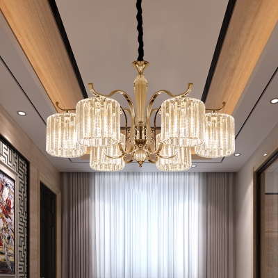 6 Lights Cylindrical Chandelier Modernist Clear Prismatic Crystal Pendant Ceiling Light