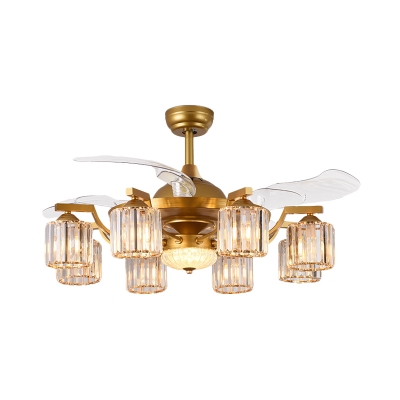 8 Lights Living Room Semi Flush Light Modernist Gold 3-Blade Ceiling Fan Light with Cylinder Crystal Rectangle Shade, 43