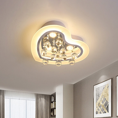Acrylic White LED Flush Light Heart Shaped Modern Ceiling Mounted Lamp with Crystal Ball Drop, 16