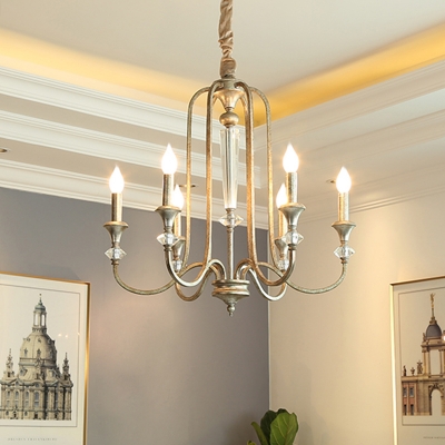 Aged Silver 6 Lights Ceiling Chandelier Farmhouse Iron Candlestick Hanging Lamp with Crystal Detail