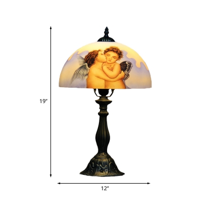 Angel-Painted Glass Dome Night Lamp Vintage 1 Light Bronze Finish Table Lighting for Living Room