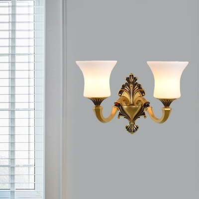 Antique Bell Wall Sconce 1/2-Head Milky Glass Wall Lighting Fixture in Brass with Swooping Arm
