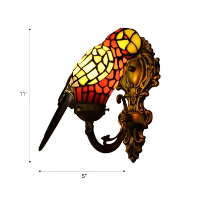 Antiqued Gold 1-Head Wall Sconce Tiffany Stained Glass Parrot Shaped Wall Mount Lighting Fixture