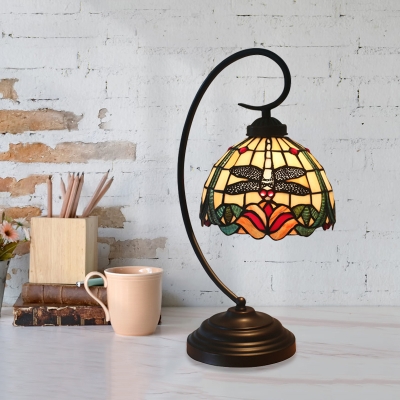 Beige/Blue Domed Desk Lamp Tiffany 1 Head Stained Art Glass Table Light with Floral and Dragonfly Pattern