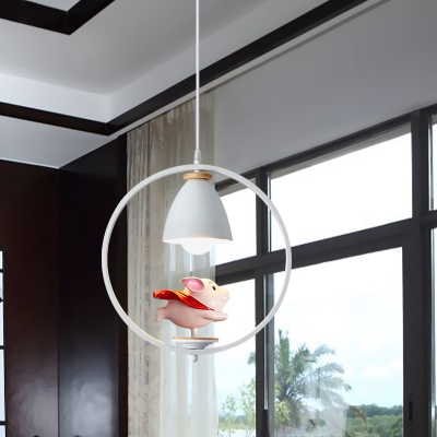 Boy/Girl/Flying Pig Pendulum Light Cartoon Resin 1 Bulb White Hanging Lamp with Ring and Bell Shade