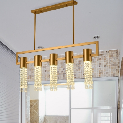 Brass Tubular Island Lamp Fixture Modernist 15 Heads Crystal Drip Hanging Light Kit over Dining Table