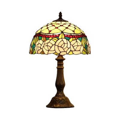 Bronze 1 Light Night Table Light Tiffany Stained Glass Dome Rose Patterned Desk Lamp