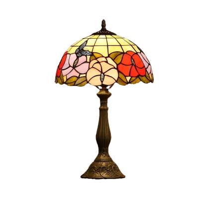 Bronze Bowl Nightstand Light Tiffany Style 1-Bulb Stained Art Glass Flower Patterned Night Lighting