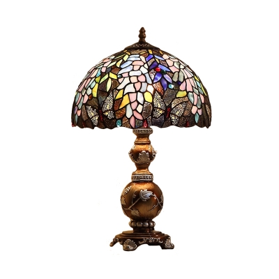 Brown Domed Table Lighting Victorian 1-Bulb Stained Art Glass Night Lamp with Butterfly Pattern