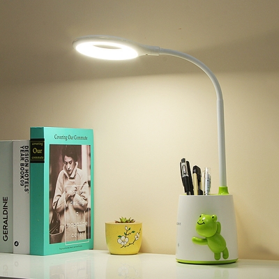 Cartoon LED Reading Book Lamp Pink/Blue/Green Bear Nightstand Light with Plastic Shade and Pen Container