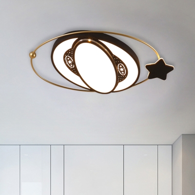 Children Bedroom LED Flush Light Kids Black Close to Ceiling Lamp with Oval Orbit Acrylic Shade