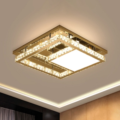 Chrome LED Ceiling Fixture Modernism Crystal Prism Square Flush Mount Light for Bedroom